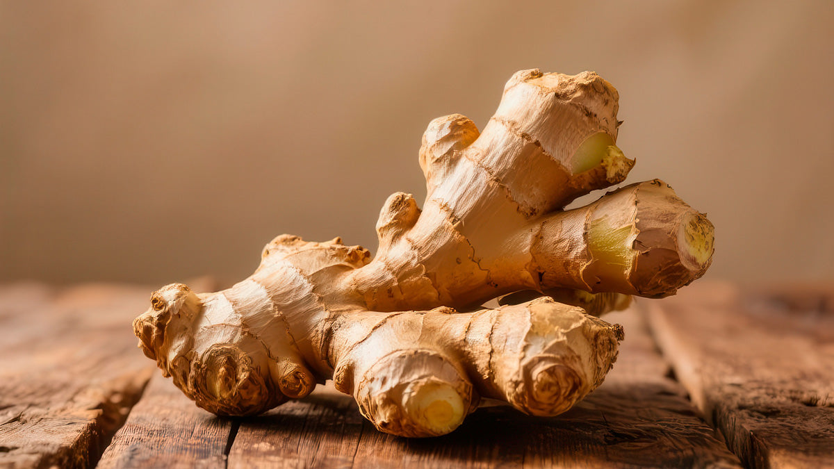 A ginger root on a wooden table. Question: Can dogs eat ginger?