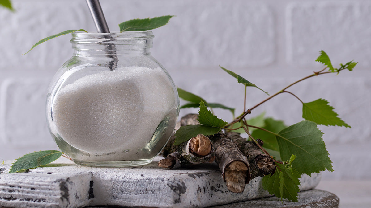 Glass jar with xylitol, a sweetener that is poisonous to dogs