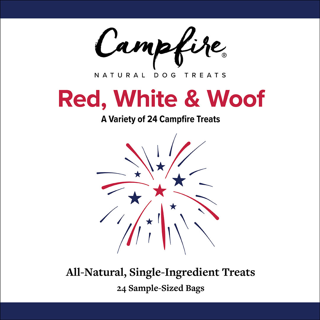 Campfire Natural Dog Treats packaging for 24 sample-sized treats with red, white, and blue design on a white background