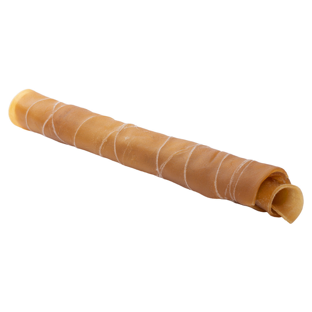 A photo of a 12-14-inch-long jumbo beef hide roll for dogs. A great dental chew for large and very large dogs.