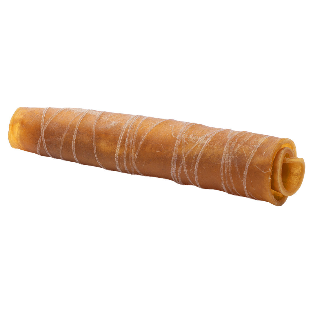 A photo of an 8-10-inch-long beef hide roll. A healthy dental chew for medium to large dogs.
