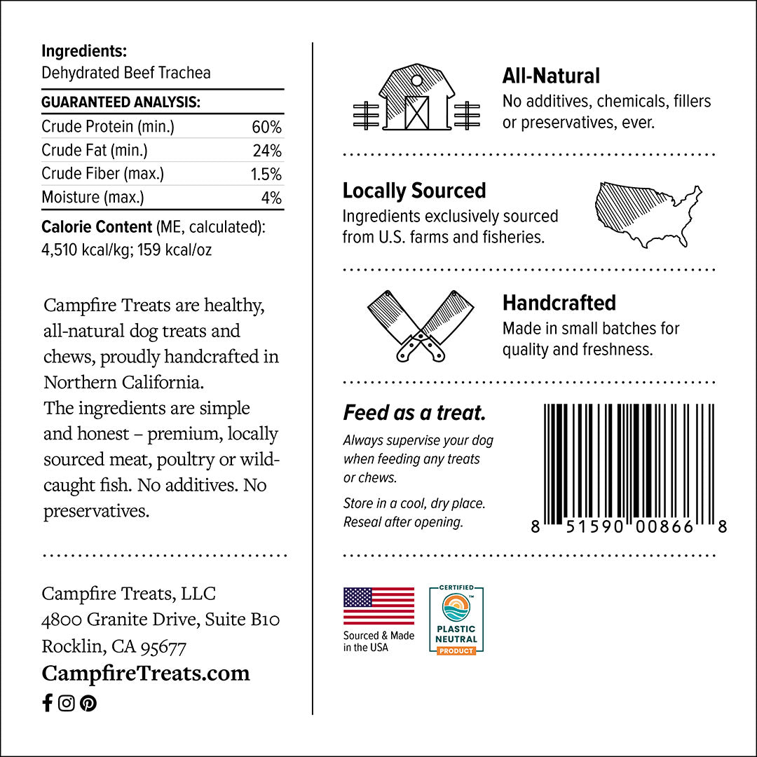Back label of Campfire Treats' Beef Trachea Strips for dogs with product information.
