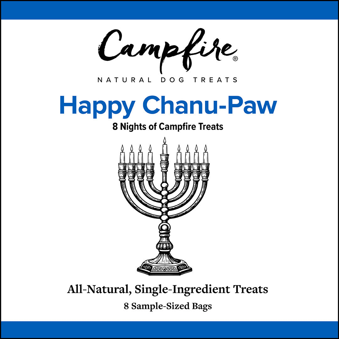 Campfire Happy Chanu-Paw dog treat package with Menorah illustration. Variety pack with 8 dog treats.