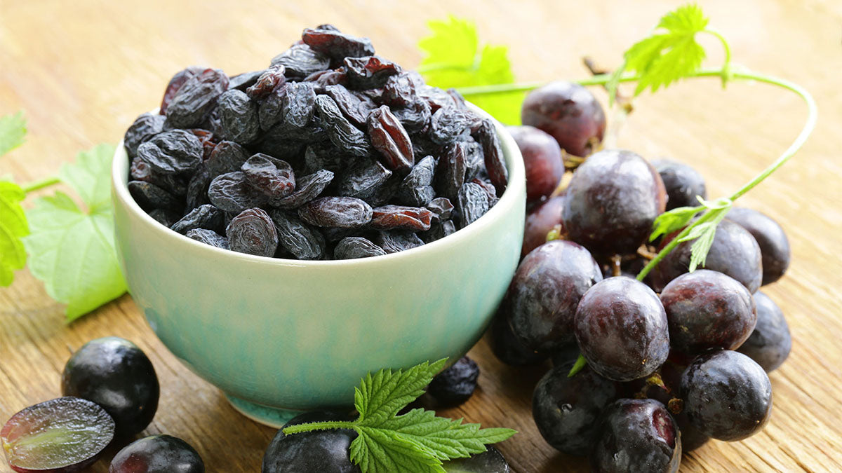 Dried raisins in a bowl with fresh grapes on a table. Caution: Both grapes and raisins are highly toxic to dogs.