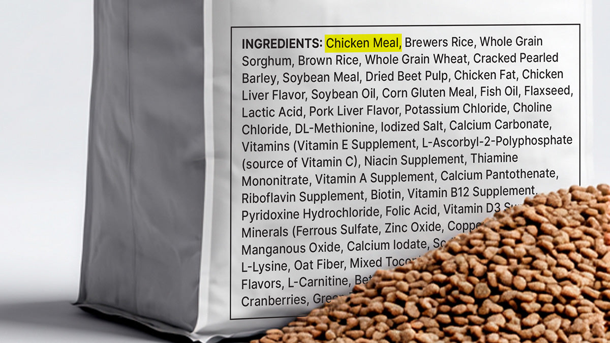 Dog food label showing chicken meal as the number one ingredient