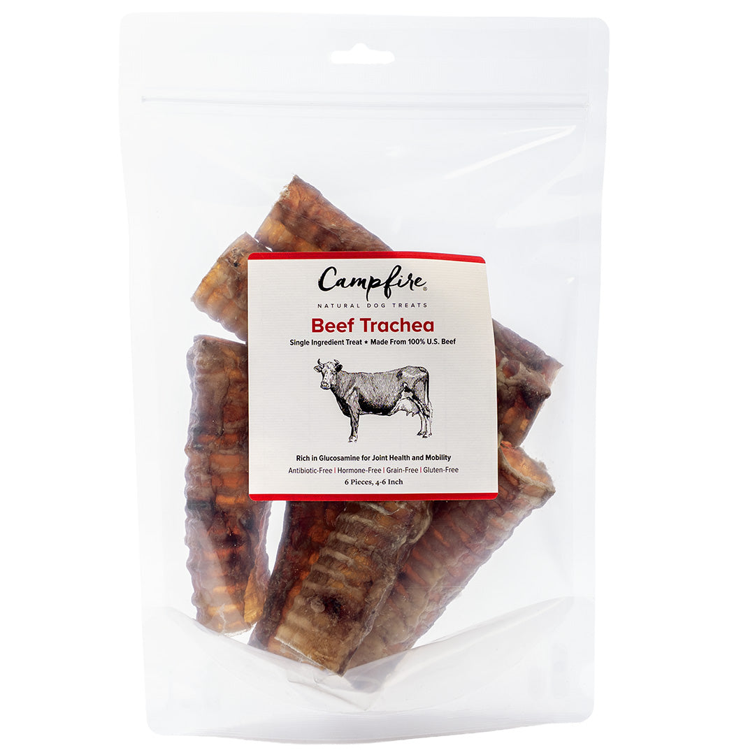 Packaged beef trachea chews for dogs, labeled 'Campfire' on a white background.