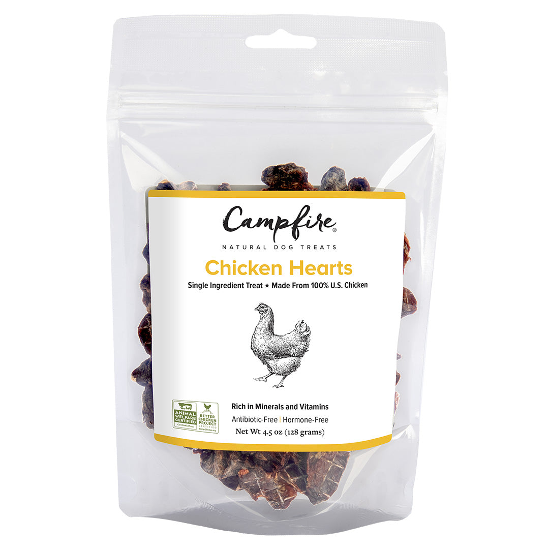 A 4.5 oz bag with all-natural dehydrated chicken hearts for dogs