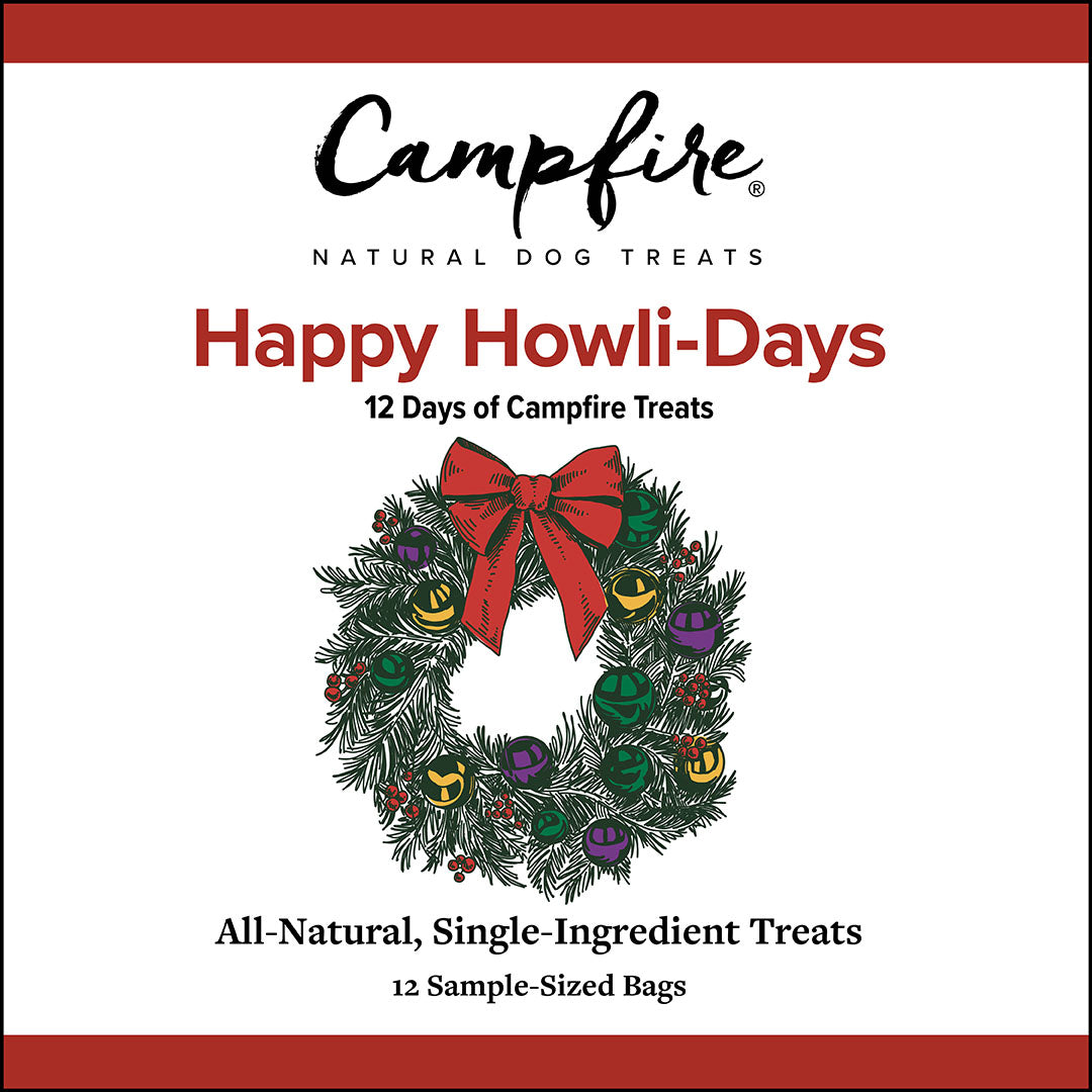 Campfire Natural Dog Treats packaging with a Christmas wreath design and text about 'Happy Howli-Days' and '12 Days of Campfire Treats'.