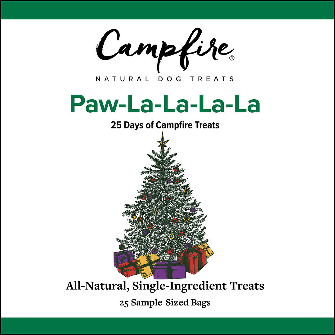 Campfire Natural Dog Treats packaging with a Christmas tree and presents design. Variety pack with 25 dog treats.
