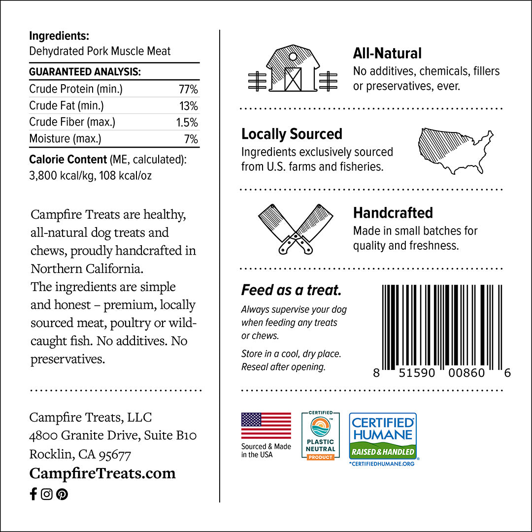 Pork Jerky for Dogs Made in America | Certified Humane | Plastic Neutral Certified
