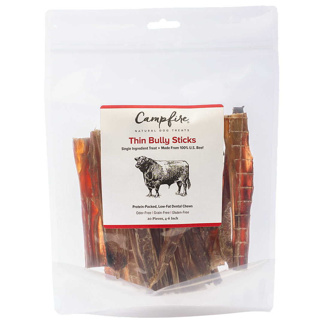Pack of 4-6-inch long Campfire Treats Thin Bully Sticks for dogs.