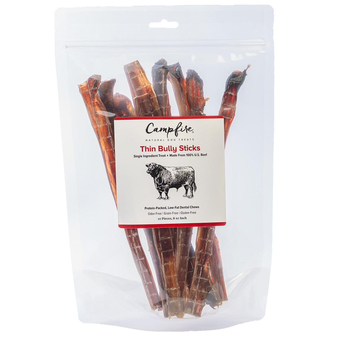 Pack of 8-10 Inch long Thin Bully Sticks from Campfire Treats.