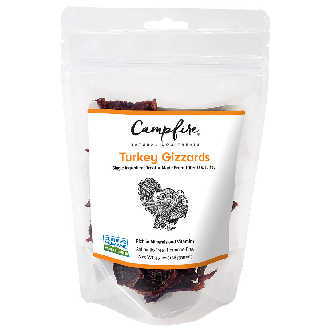 4.5 oz package of all-natural, dehydrated Campfire Treats turkey gizzards for dogs.